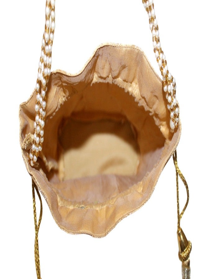 MILAN'S CREATION Banarasi Silk Brocade Potli Bag Purse With Base Drawstring Women's handbag with Pearl Handle & Tassel Weddings (Gold) - Image 5